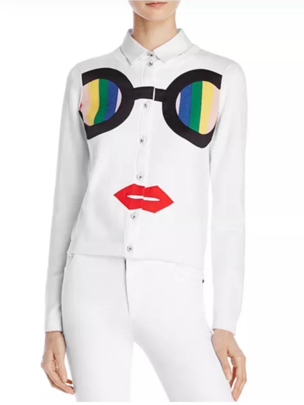 Alice + Olivia Ruthy Rainbow Stace Face Cardigan with Rainbow Glasses